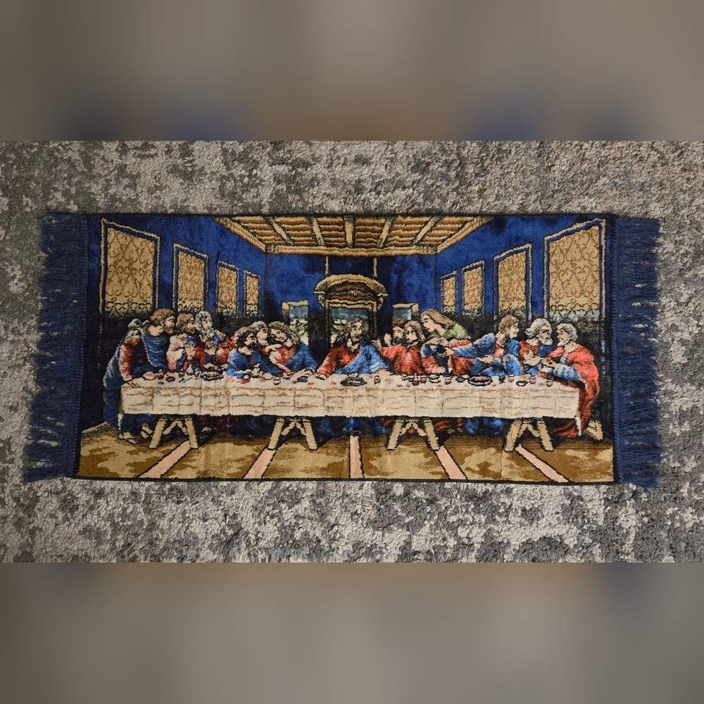 🎅🎅🎅Vntg The Last Supper Velvet Tapestry Wall Hanging EUC 44"x19" w/fringe